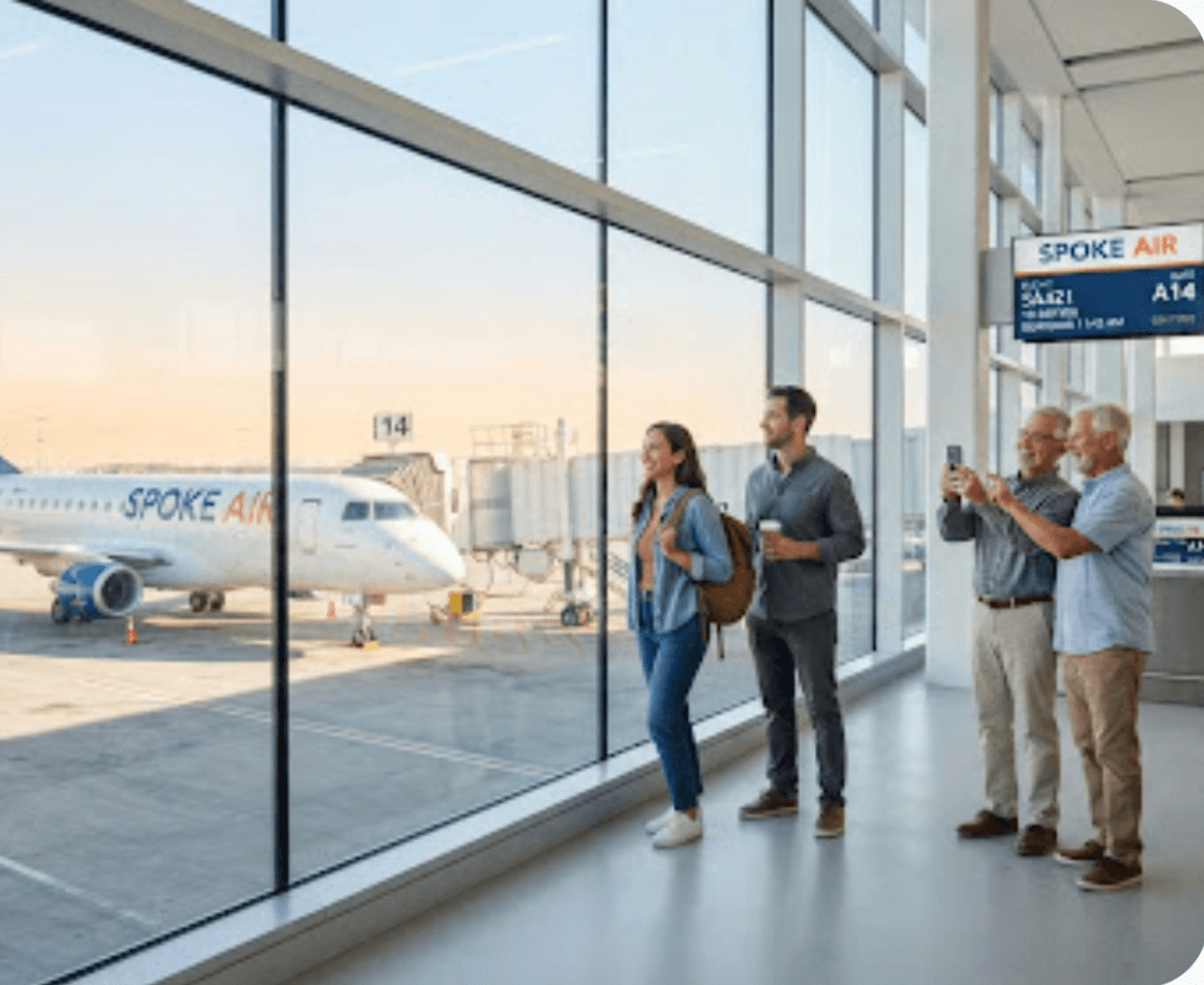 Travelers looking out an airport terminal window at a SpokeAir regional jet on the tarmac